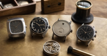 Vier Vintage-Armbanduhren liegen auf einem Messingtisch in einer Uhrmacherwerkstatt, begleitet von Werkzeugen wie einer