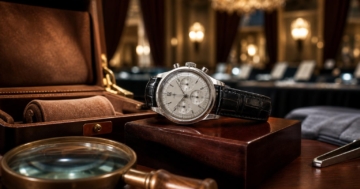 Eine silberne Vintage-Chronograph-Uhr liegt auf einem dunklen Mahagoni-Plinth neben einer geöffneten Leder-Uhrbox und einem