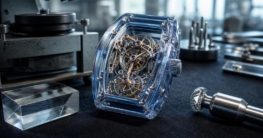 Ein transparentes Saphir-Tonneau-Gehäuse mit sichtbarem Uhrwerk liegt neben einem Diamant-Fräswerkzeug und einem Saphirblock