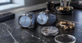 Zwei Uhren mit eisblauen Armbändern liegen auf einer schwarzen Marmortafel neben Uhrenteilen und einem mechanischen Uhrwerk.