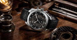 Ein skelettierter Chronograph mit Edelstahlgehäuse und perforiertem Lederarmband liegt auf einem dunklen Holzbrett neben