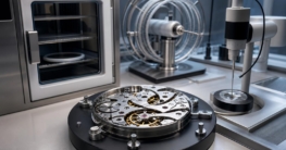 Ein fein gearbeitetes Uhrwerk liegt auf einem schwarzen Prüfpodest neben einem spiralförmigen Magnetfeld-Generator und einem