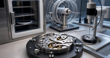 Ein fein gearbeitetes Uhrwerk liegt auf einem schwarzen Prüfpodest neben einem spiralförmigen Magnetfeld-Generator und einem