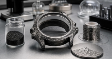 Eine marmorierte Uhrengehäuse-Mittelplatte liegt neben einem Glas mit Vulkanasche, Basaltfaserrolle und einer Titanplatte