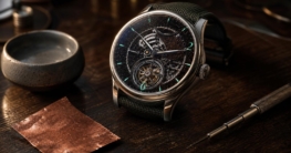 Eine edle Uhr mit Aventurin-Zifferblatt liegt auf einem dunklen Holztablett neben einem Kupferblechstück und einem