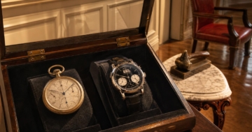 Ein offener Holzkoffer zeigt eine antike Taschenuhr und eine moderne Datograph-Uhr in einem eleganten Ballsaal.