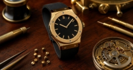 Eine gelbgoldene Uhr mit schwarzem Armband liegt auf einem mahagonifarbenen Tisch neben Uhrmacherwerkzeugen und einem