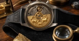 Ein offener IWC Pilot’s Chronograph mit Titangehäuse und goldfarbenem Zifferblatt liegt auf schwarzem Samt, neben einem