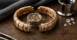 Roségoldenes Bangle-Armband mit mechanischem Kern, Diamanten und Rubin-Lagersteinen auf dunklem Holztisch.