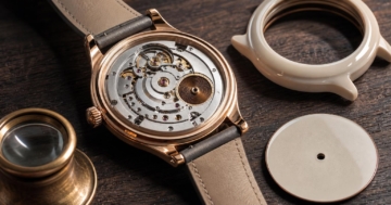 Eine offene Damenmechanik-Uhr mit sichtbarem Uhrwerk liegt auf dunklem Holz, begleitet von Keramikgehäuse,