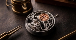Ein offenes Skeleton-Uhrwerk mit kupferfarbenem Platin-Danseur-Hilfsrad liegt auf einer dunklen Lederwerkbank neben einer