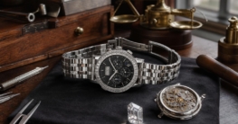 Eine limitierte A. Lange & Söhne Datograph Perpetual in 950er Platin liegt auf Samt neben einem offenen Uhrengehäuse und