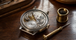 Eine offene Edelstahl-Uhr mit freigelegtem Uhrwerk und dezentralem Sekunden-Register liegt auf einer polierten