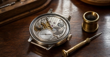 Eine offene Edelstahl-Uhr mit freigelegtem Uhrwerk und dezentralem Sekunden-Register liegt auf einer polierten