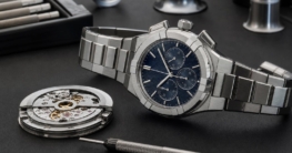 Ein polierter AIKON-Chronograph liegt auf einer dunklen Designer-Schreibtischplatte neben einem losen Uhrwerk und einem