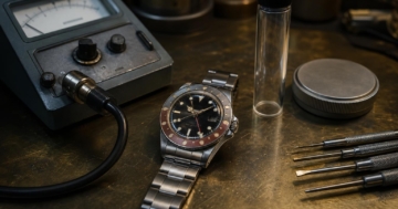 Eine Rolex GMT-Master-Uhr mit bakelit-Lünette liegt neben einem Messgerät und Werkzeugen auf einer Metalloberfläche.
