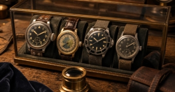 Eine Glasvitrine zeigt vier seltene Vintage-Militäruhren mit verschiedenen Zifferblättern in einem altmodischen