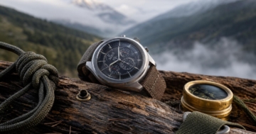 Eine Outdoor-Chronograph-Uhr mit Dual-Time-Subdial liegt auf einem Holzstück in alpiner Umgebung, daneben ein Paracord und