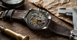 Eine geöffnete Vintage-Chronograph-Uhr mit sichtbarem Uhrwerk liegt auf einem Holztisch neben Werkzeugen und einem