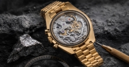 Eine goldene Omega Speedmaster Professional mit geöffnetem Gehäuse zeigt das silberne Kaliber-3861-Werk auf dunklem,